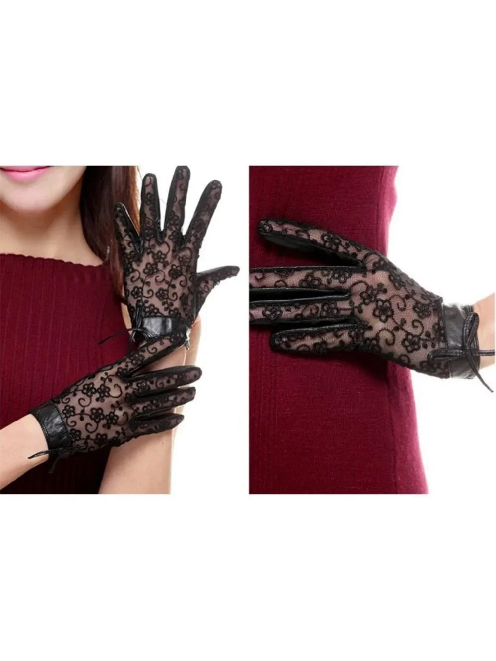 Elegant Nappa Leather & Lace Short Gloves with Bow for Wedding, Prom, Party